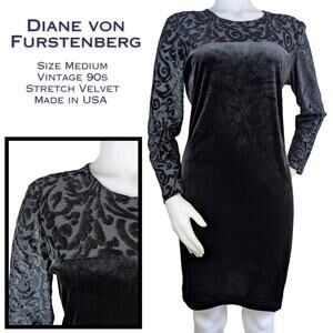 Diane Von Furstenberg Sheath Dress VTG 90s Medium Black Velvet Burnout Cocktail